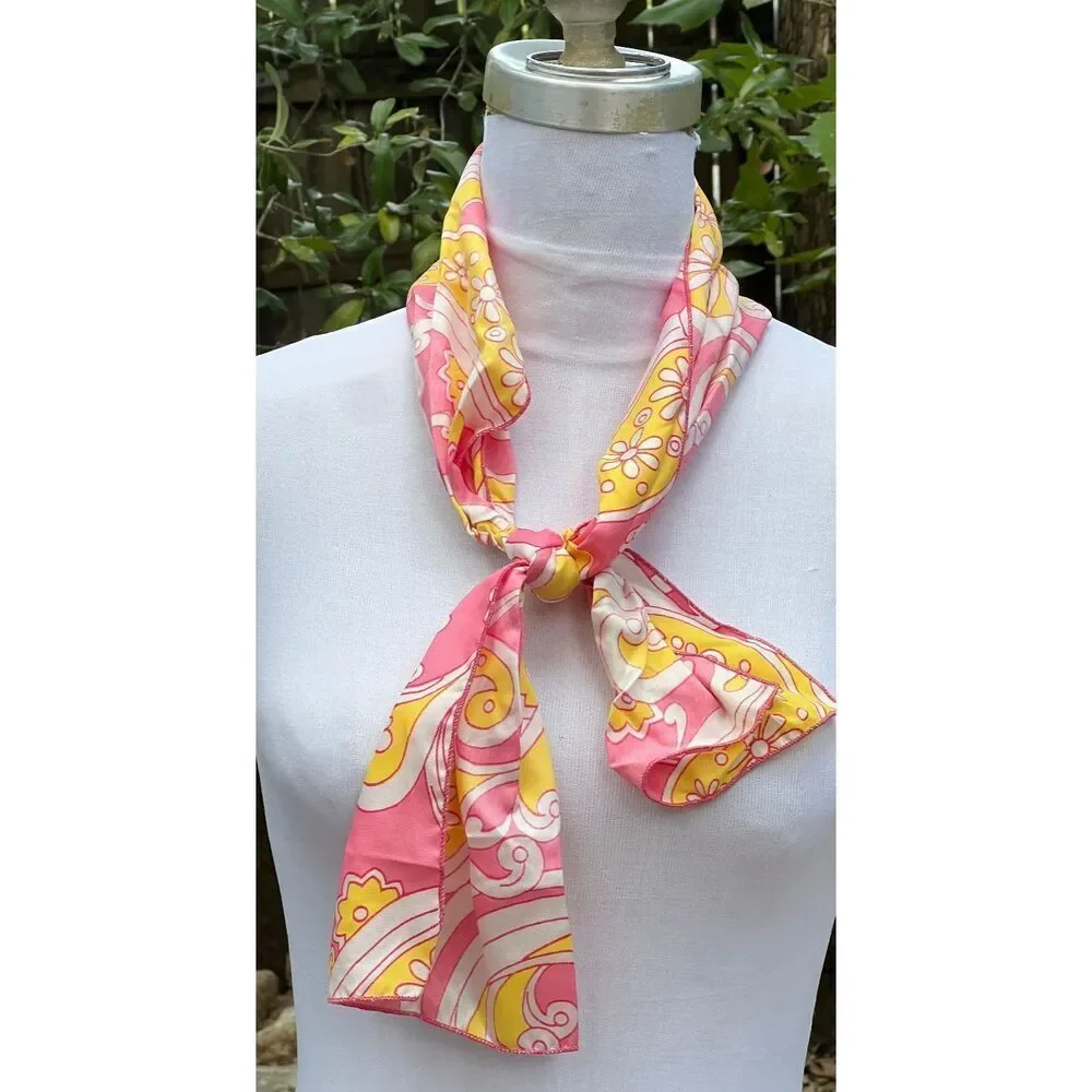 Vintage 70s Pink Yellow Groovy Floral Scarf 44in by 8in